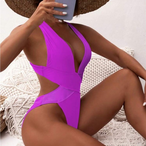 Purple Ruched Criss Cross Back One Piece Swimsuit - Picture 3 of 6